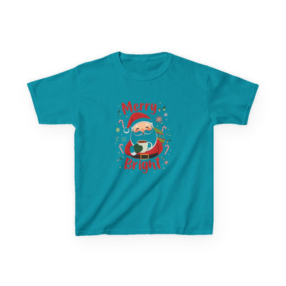 Teal t-shirt with Santa Claus graphic and 'Merry Bright' text on a white background