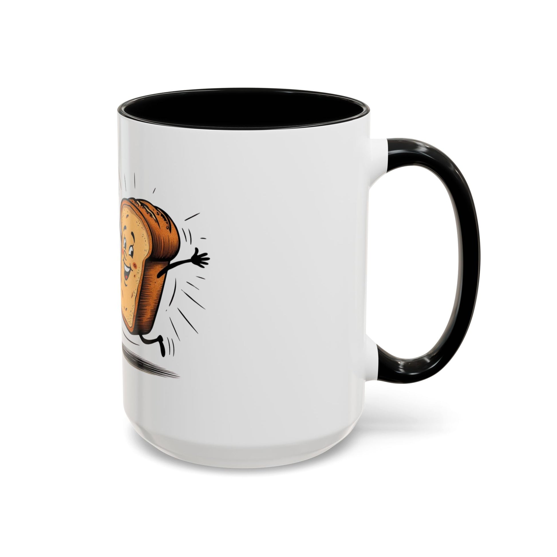 White mug with black interior and handle, featuring a cartoon bread character on a white background.
