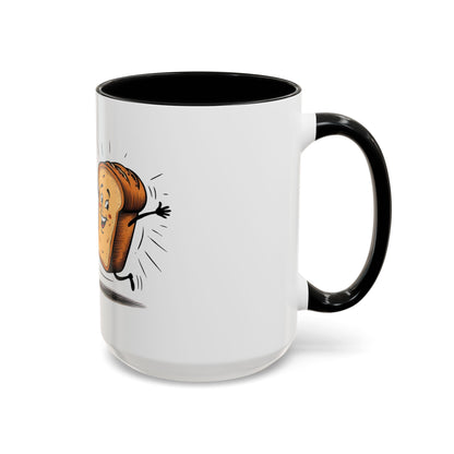 White mug with black interior and handle, featuring a cartoon bread character on a white background.