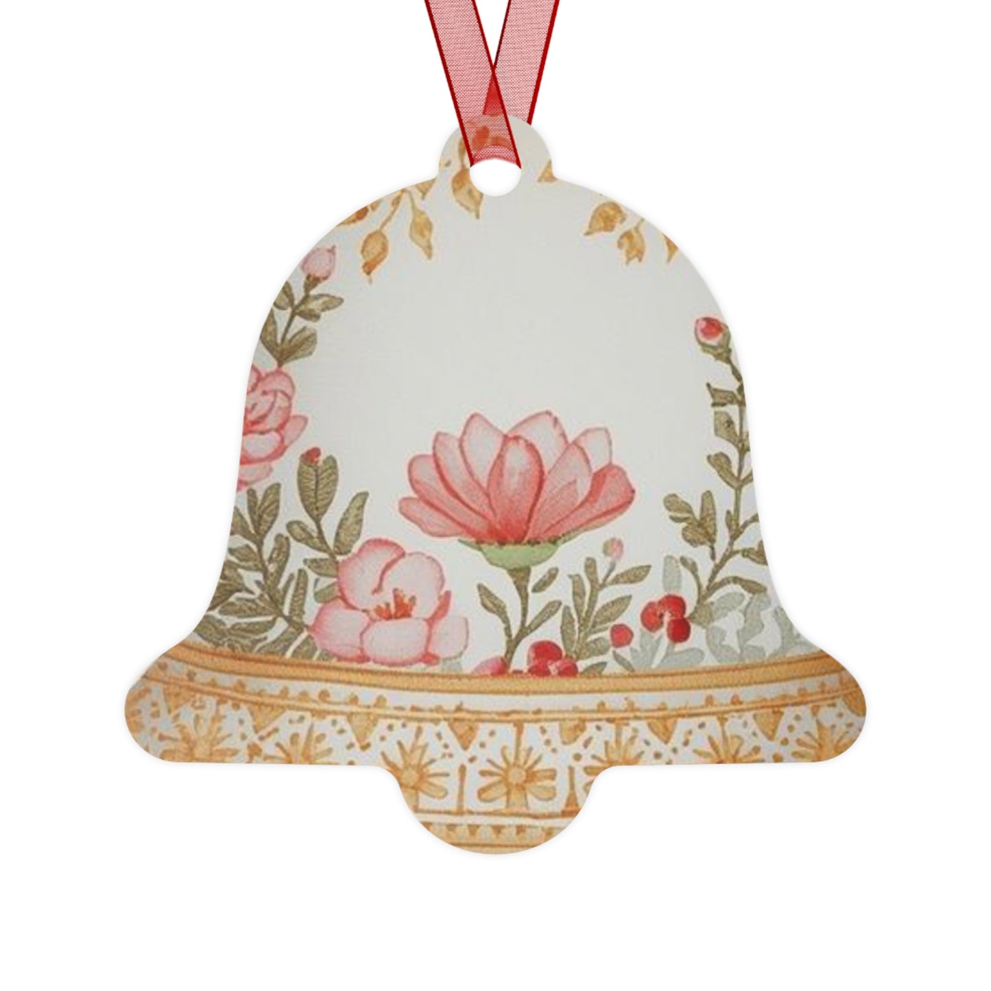Elegant floral Christmas bell ornament hanging on a festive Christmas tree branch