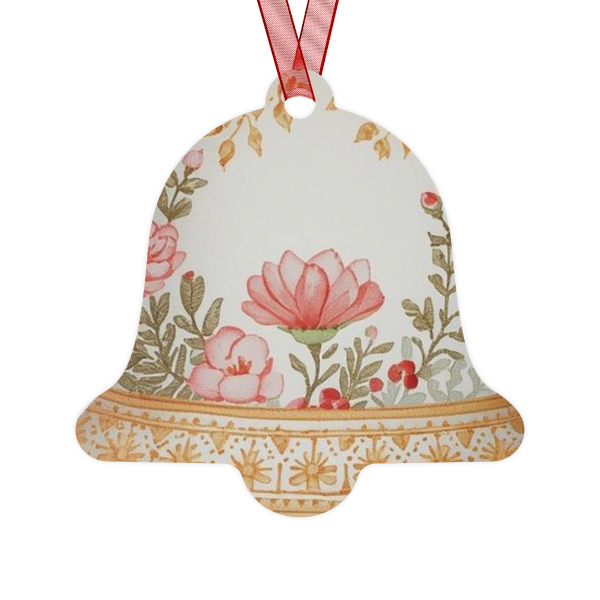 Elegant floral Christmas bell ornament hanging on a festive Christmas tree branch
