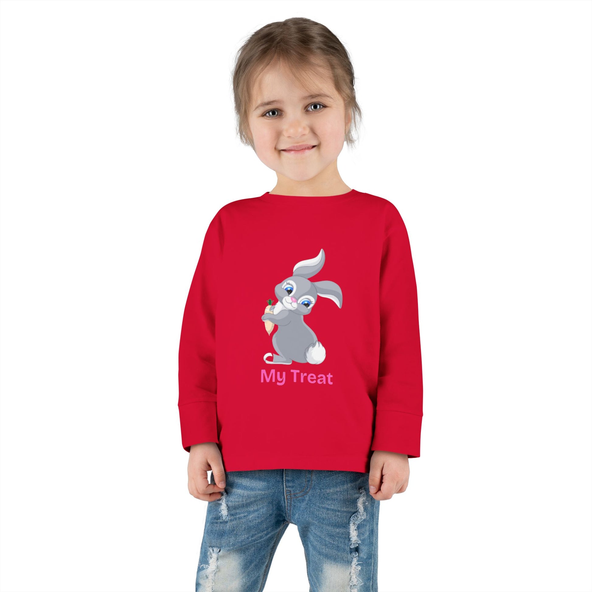 Child wearing a red sweatshirt with a cartoon bunny design on a white background