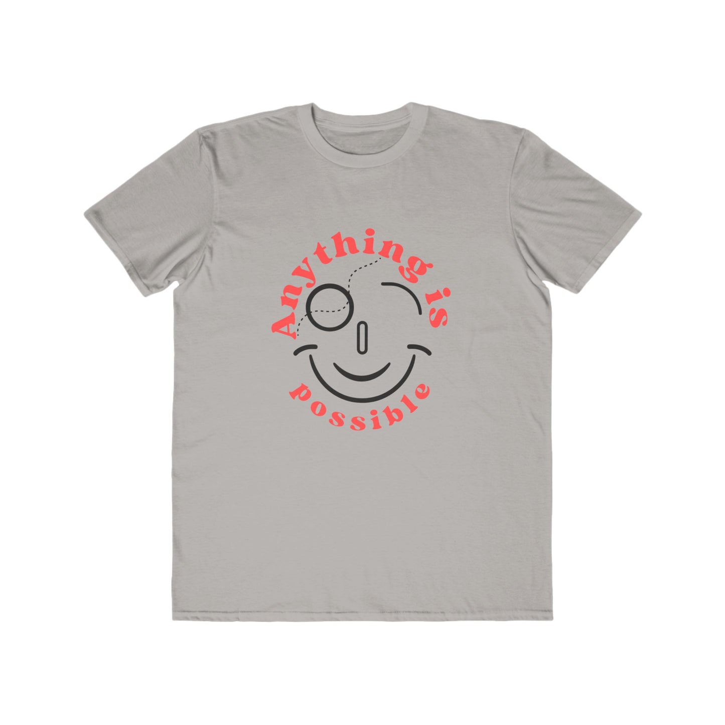 Gray t-shirt with a smiley face and 'Anything is possible' text on a white background