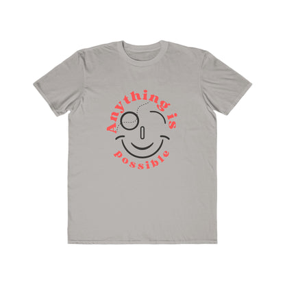 Gray t-shirt with a smiley face and 'Anything is possible' text on a white background