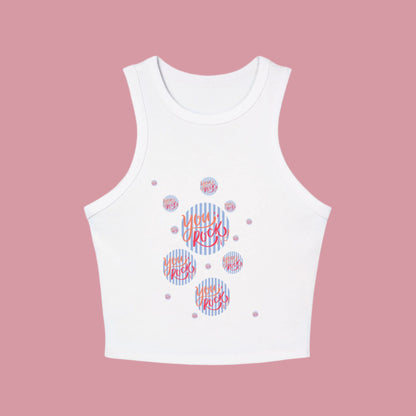 women's  micro rib racer back top with the phrase you rock printed in bold and stylish font on the front
