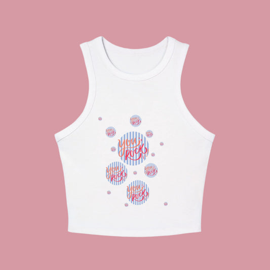 women's  micro rib racer back top with the phrase you rock printed in bold and stylish font on the front