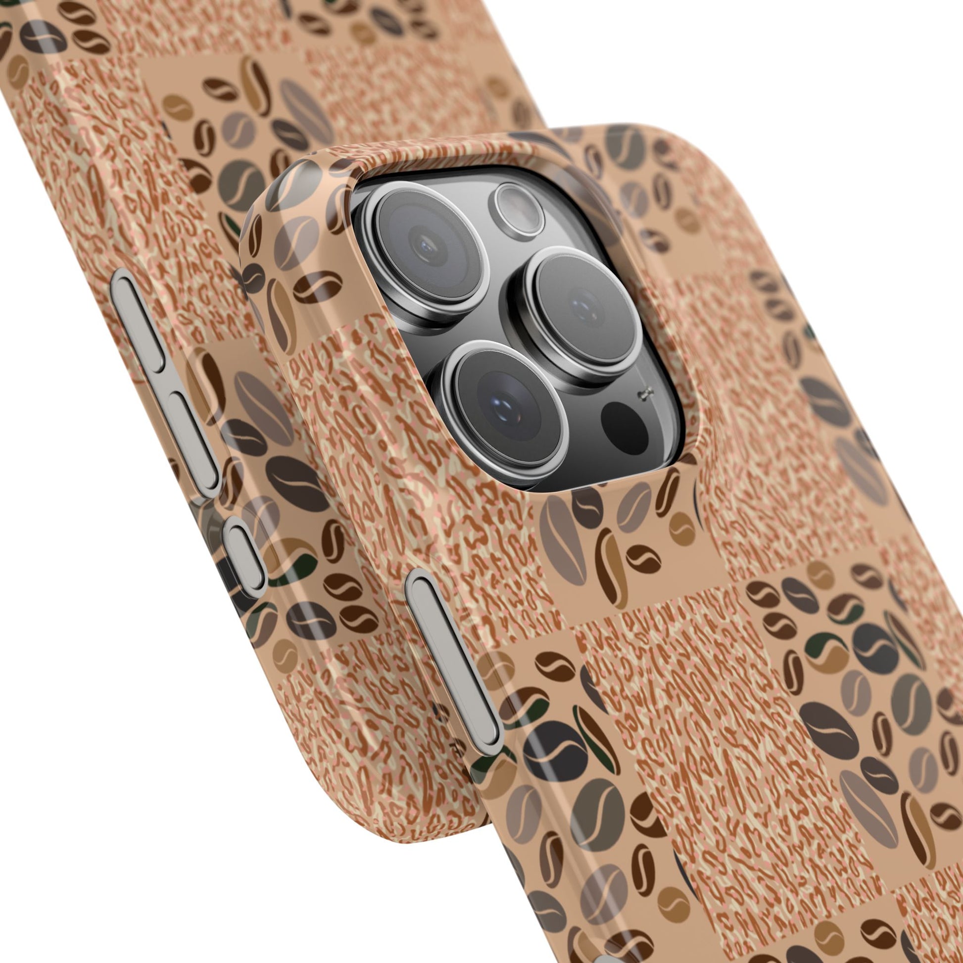 Phone case with coffee bean pattern on a white background