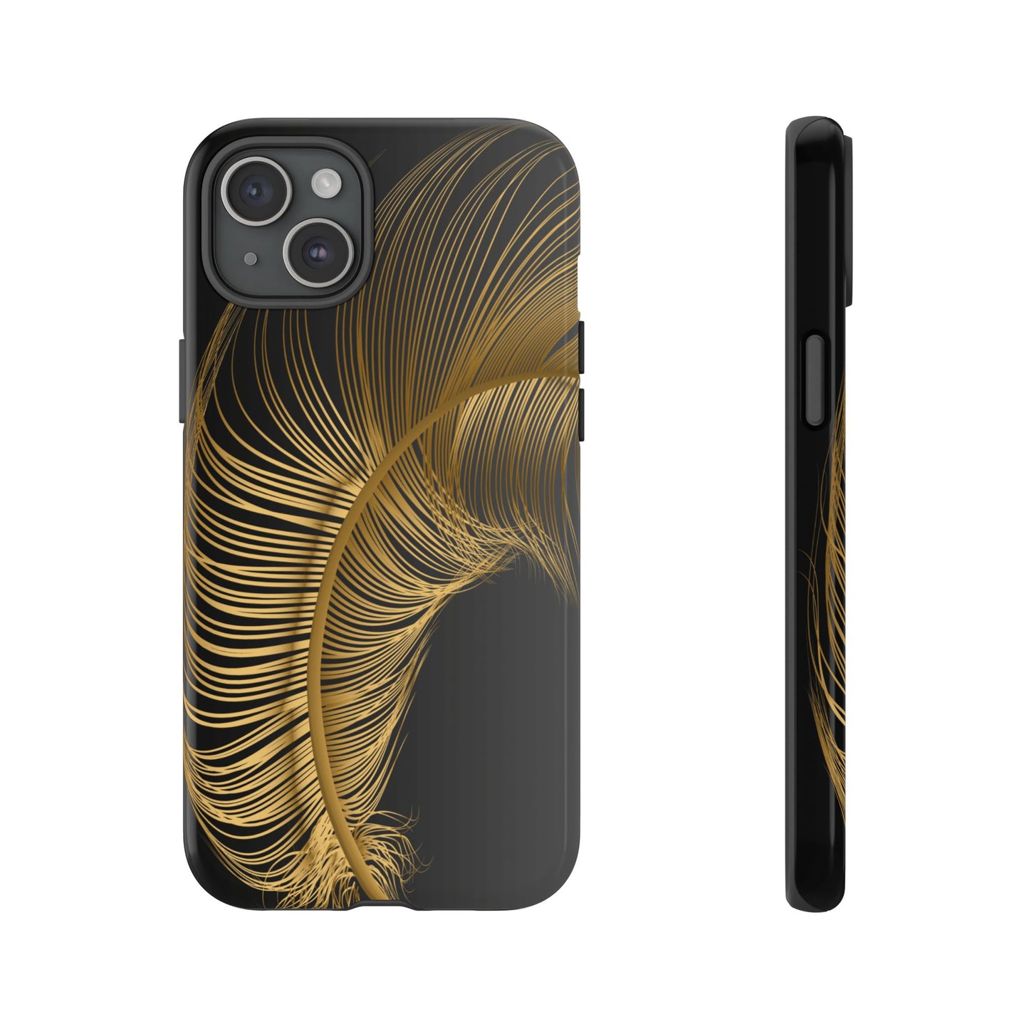 glossy black i phone 15+ case with golden feather design- elegant and protecive