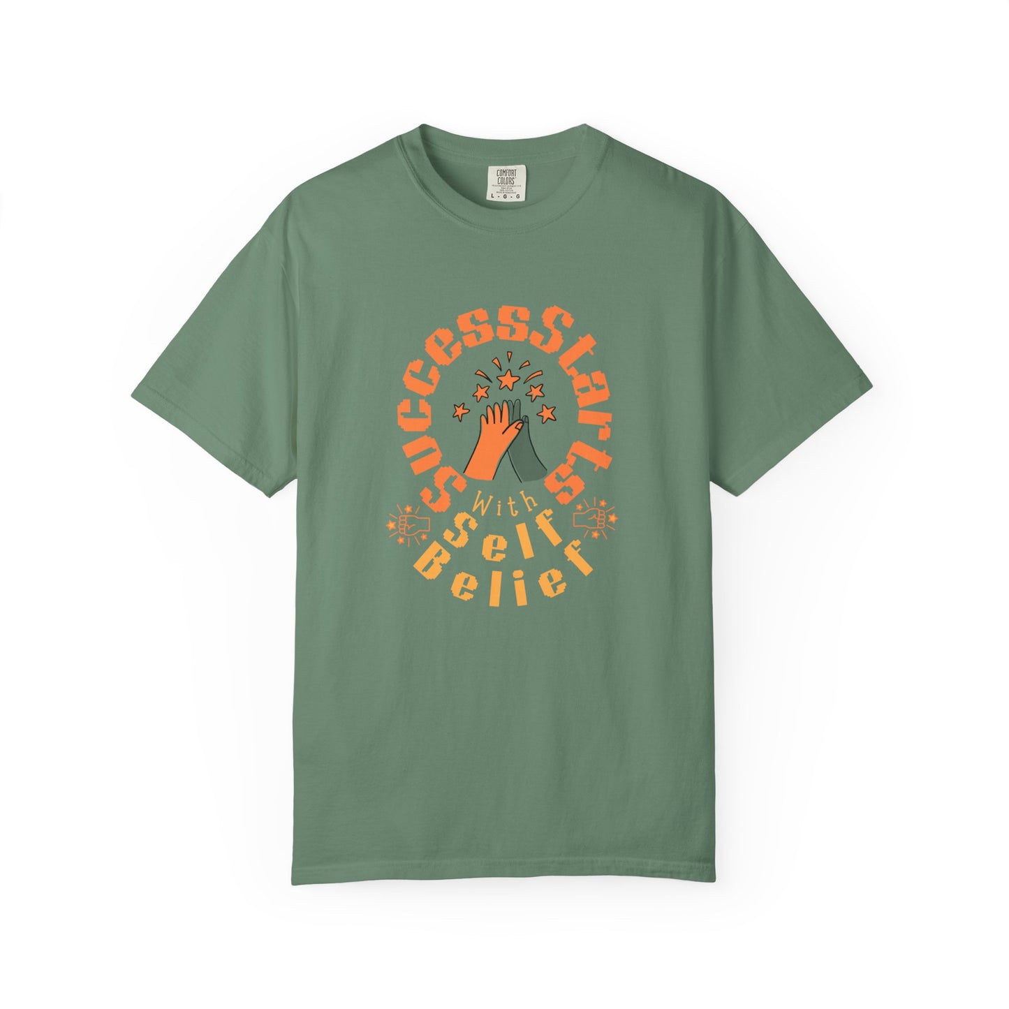 Green t-shirt with motivational graphic and text on a white background