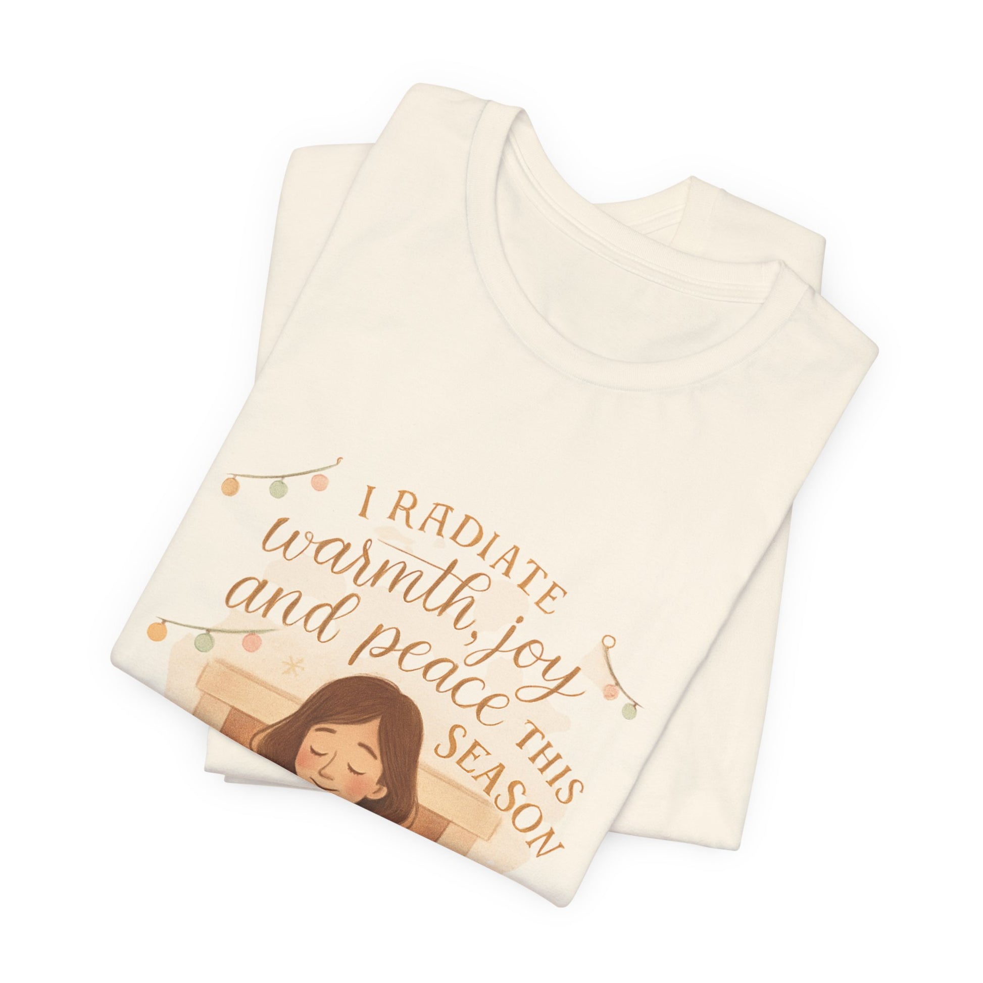 Folded blanket with a printed design and text on a white background