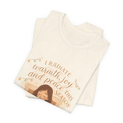 Folded blanket with a printed design and text on a white background