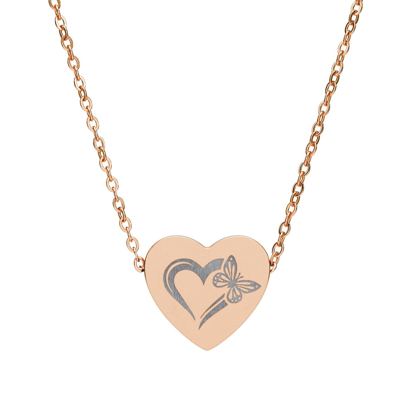 Heart-shaped pendant with butterfly design on a rose gold chain against a white background