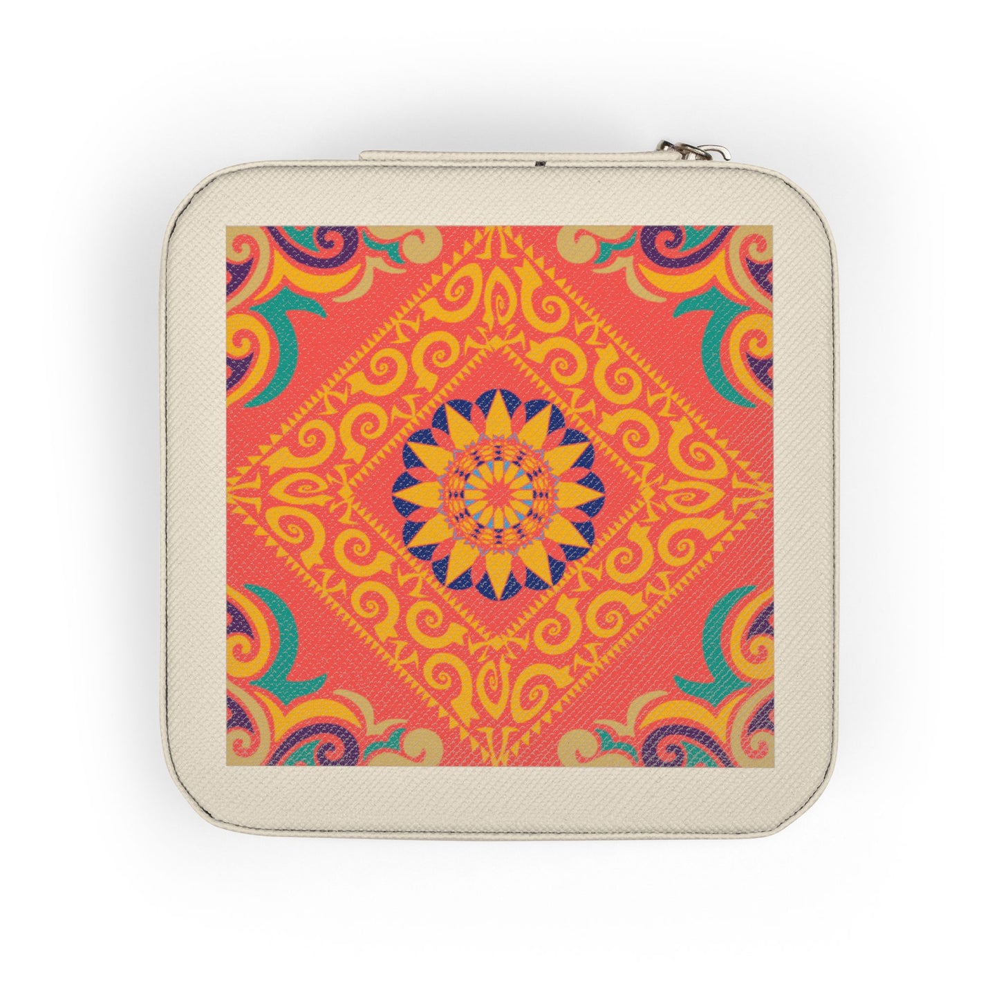 Hand holding a small square travel jewelry case with a colorful pattern on a white background