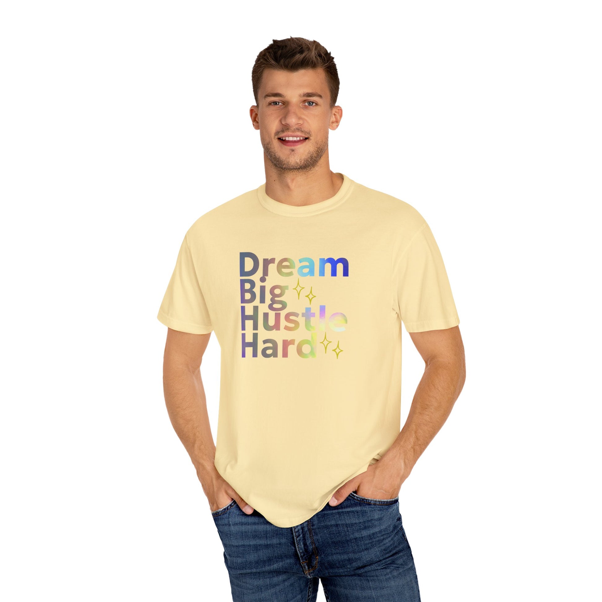 Man wearing a light yellow t-shirt with motivational text on a white background