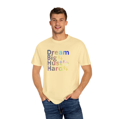 Man wearing a light yellow t-shirt with motivational text on a white background