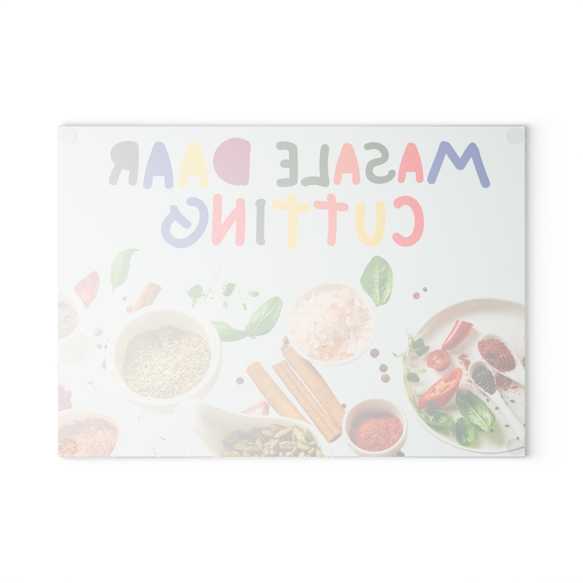 Tempered glass cutting board with desi quote “Masale Daar Cutting” surrounded by colorful Indian spice illustrations.