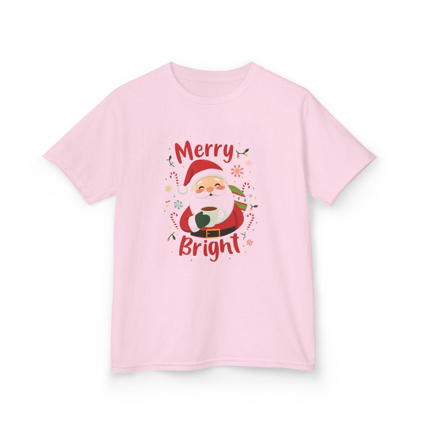 Pink t-shirt with Santa Claus graphic and 'Merry Bright' text on a white background