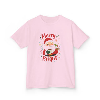Pink t-shirt with Santa Claus graphic and 'Merry Bright' text on a white background