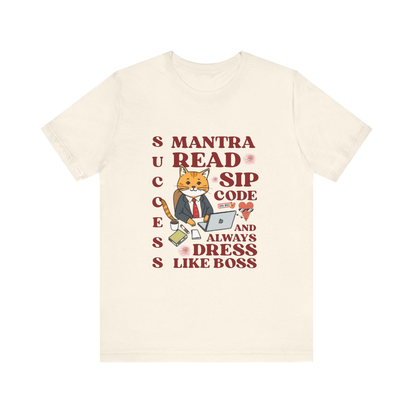 Beige t-shirt with a fox graphic and text on a white background