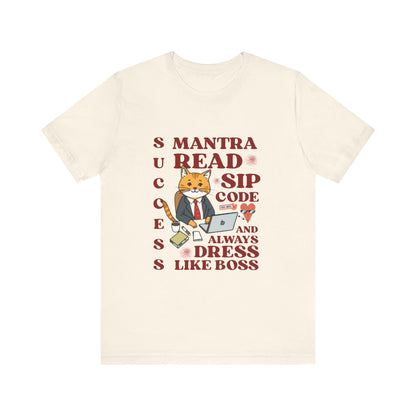 Beige t-shirt with a fox graphic and text on a white background