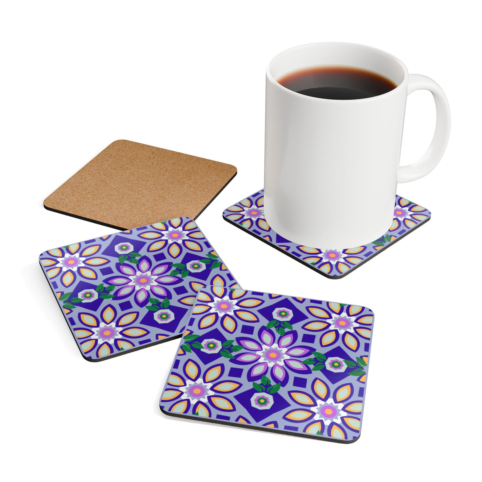 A square coaster with a geometric ad floral pattern in vibrant colors, predominantly purple, with a high-gloss finish.