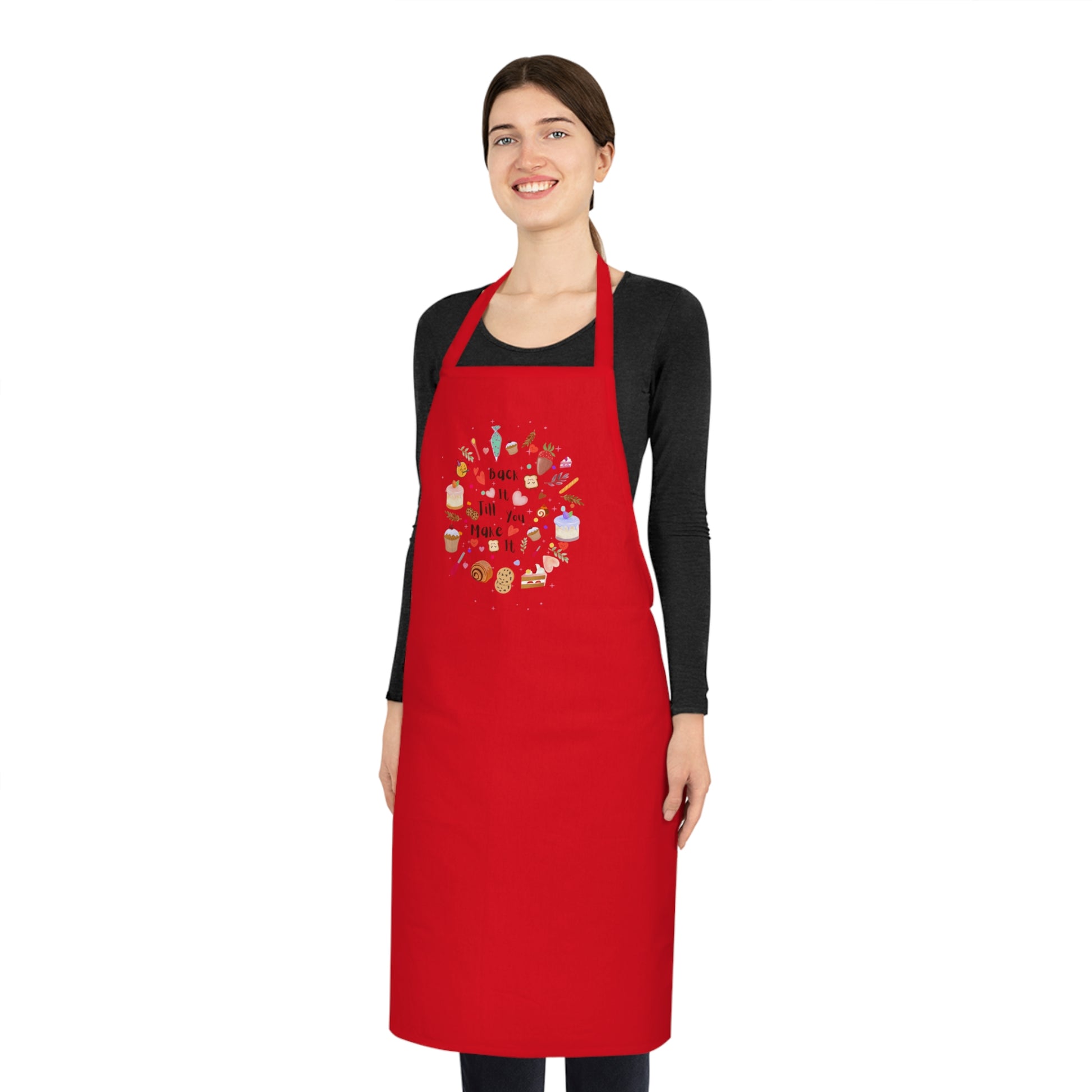 Wonen wearing a red apron with a colorful design on a white background

