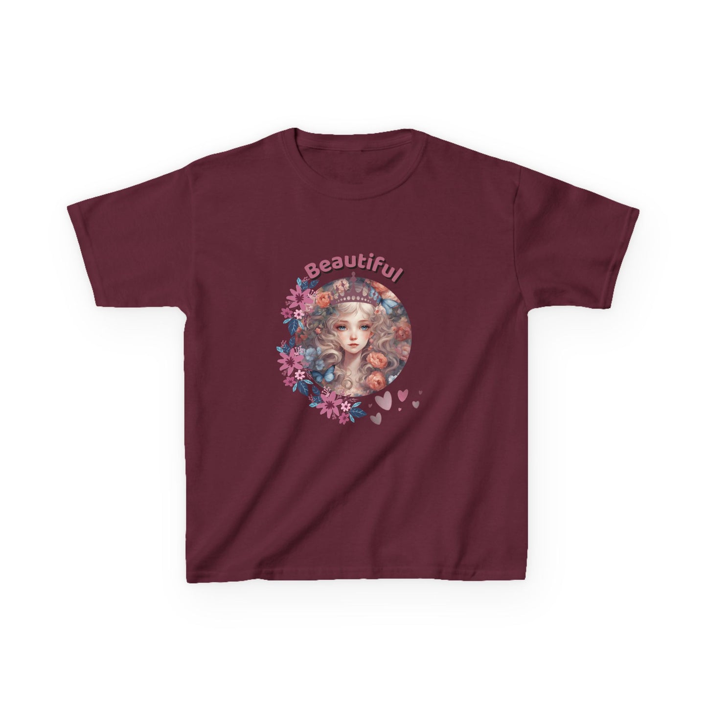 Maroon t-shirt with a graphic design of a woman's face surrounded by flowers and the word 'Beautiful' on a white background.