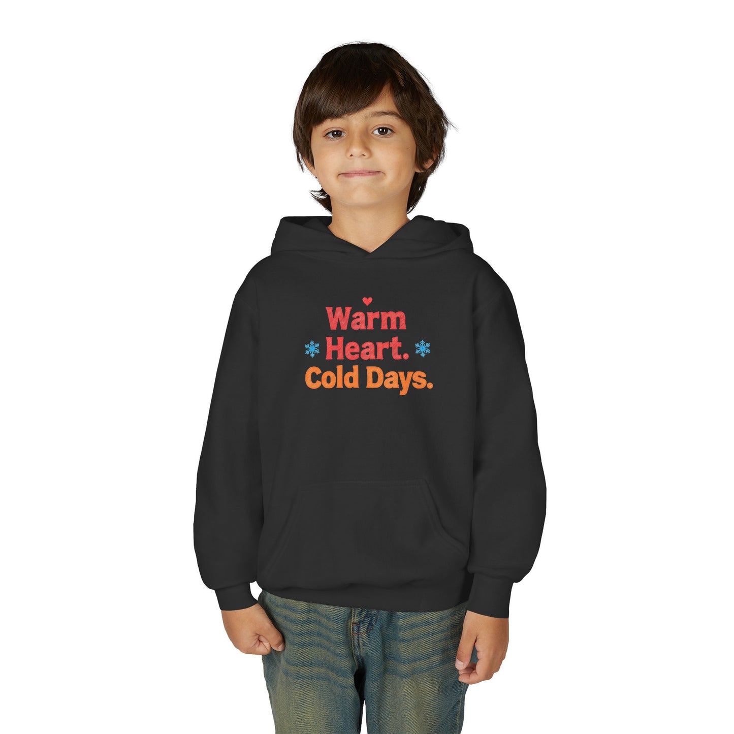 Child wearing a black hoodie with 'Warm Heart. Cold Days.' text on a white background