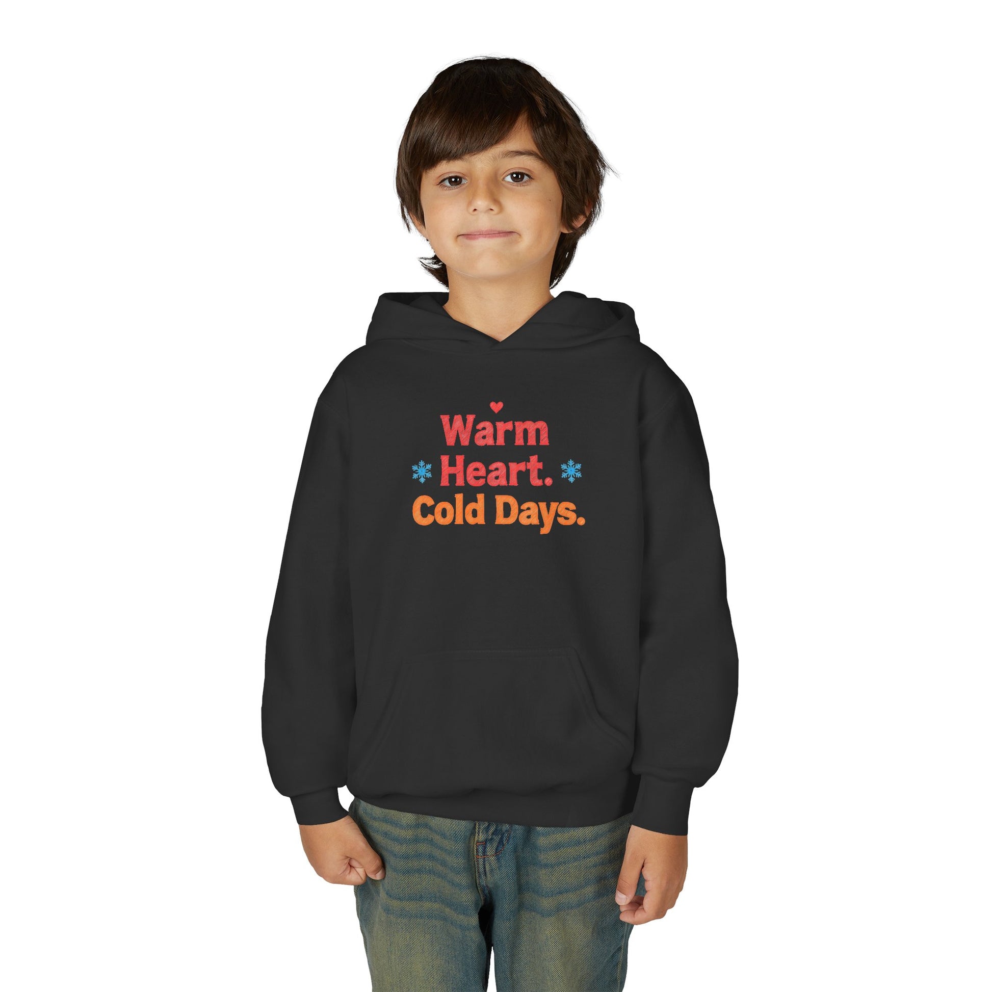 Child wearing a black hoodie with 'Warm Heart. Cold Days.' text on a white background