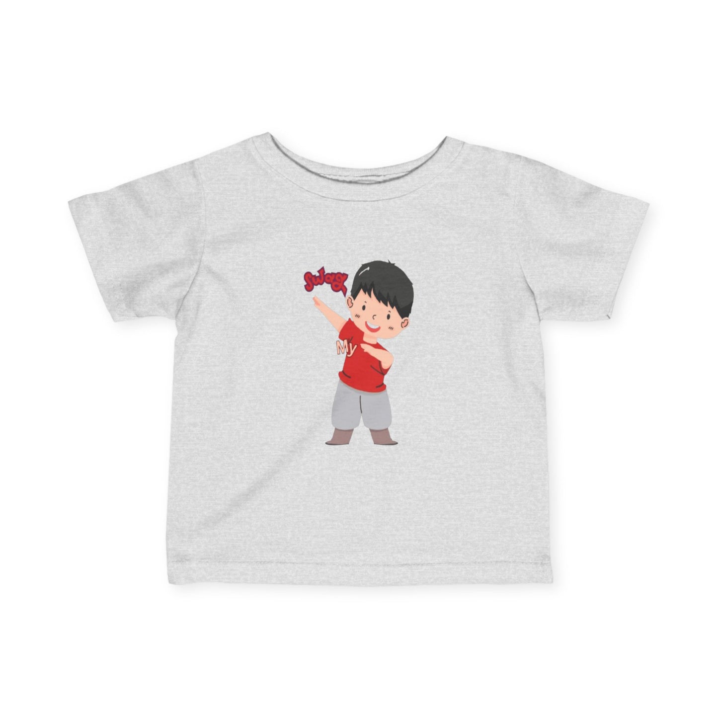White infant fine jersey tee with a graphic of a child in a red shirt holding a toy on the front.