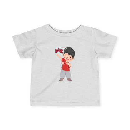 White infant fine jersey tee with a graphic of a child in a red shirt holding a toy on the front.
