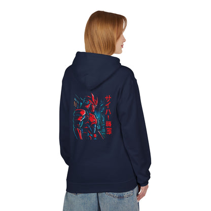 A woman shown from the back wearing a navy blue hoodie with a large red and blue Gundam graphic and vertical Japanese text on the back, paired with light blue jeans against a plain white background.