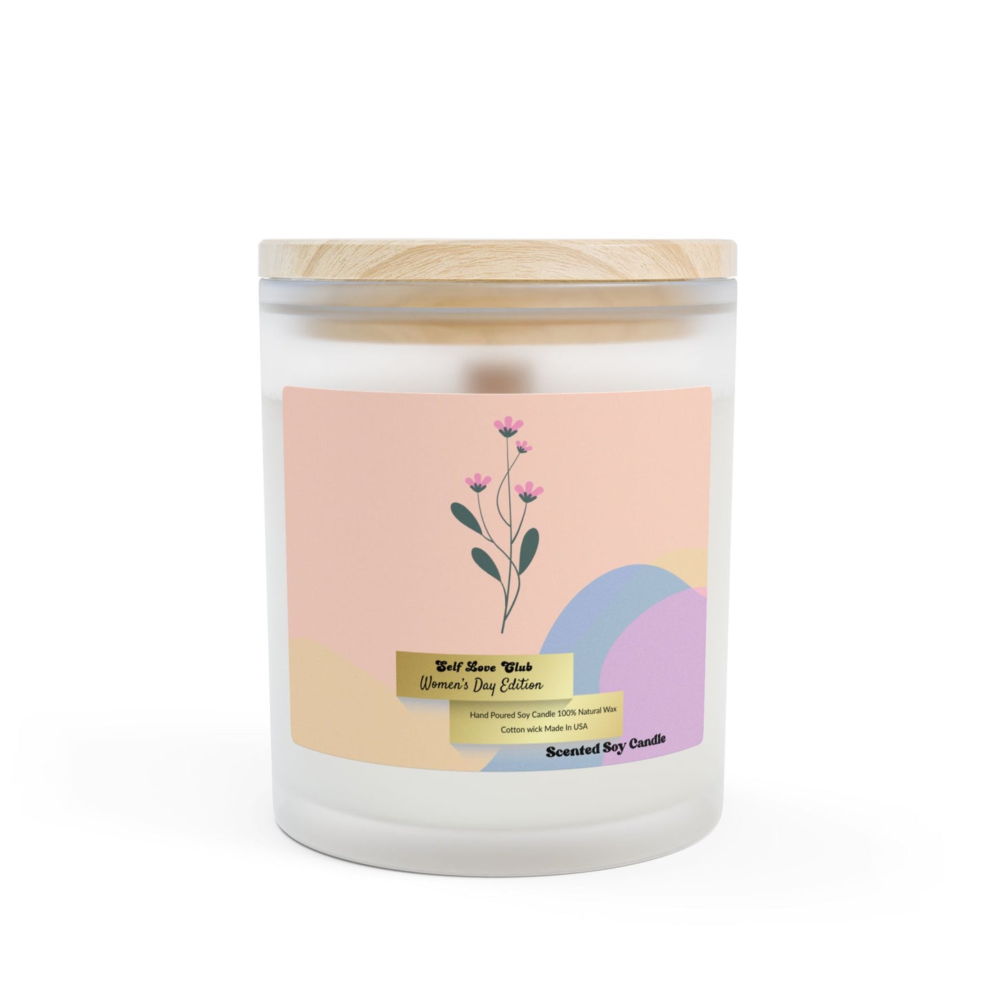 Candle with a wooden lid and floral label on a white background