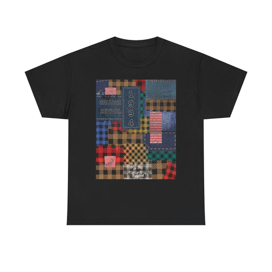 Black t-shirt with a colorful patchwork design on a white background
