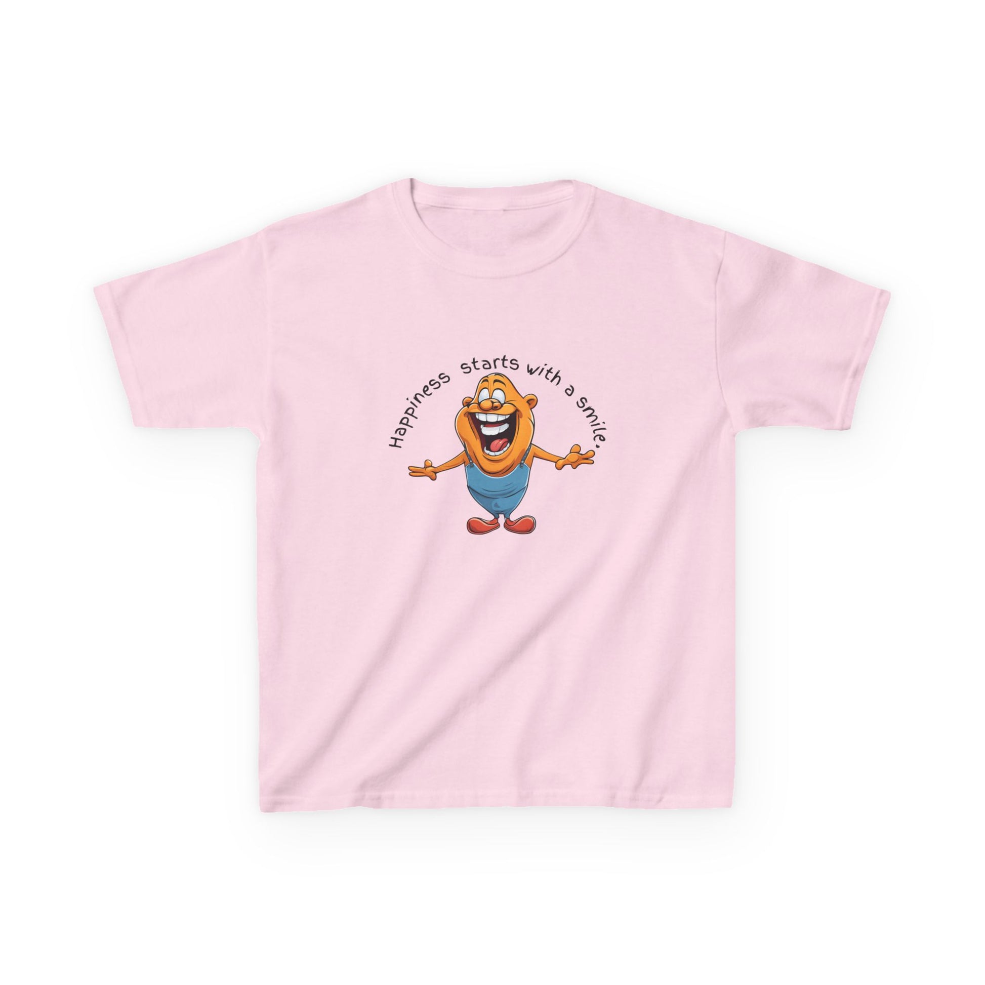 Kids cotton t-shirt with cute cartoon character and “Happiness Starts with a Smile” text