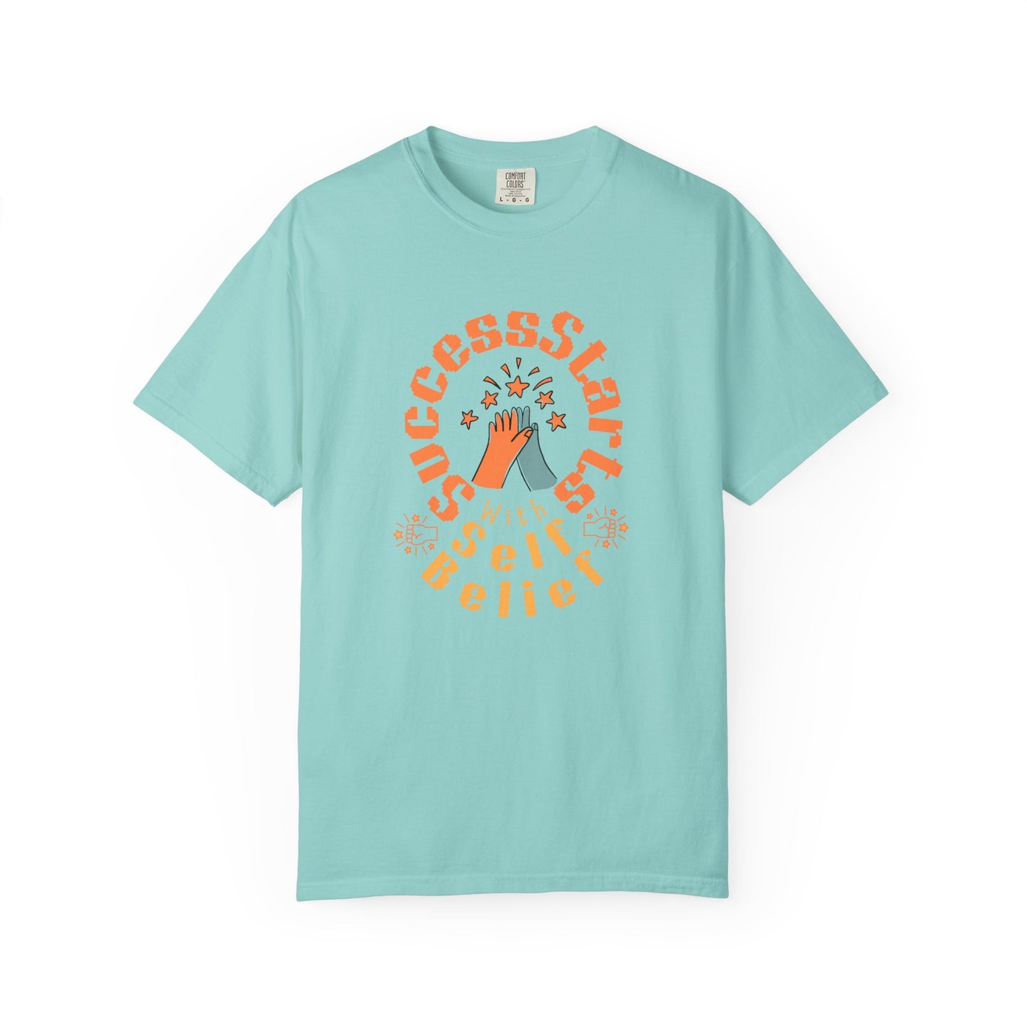 Light blue t-shirt with orange text and graphics on a white background