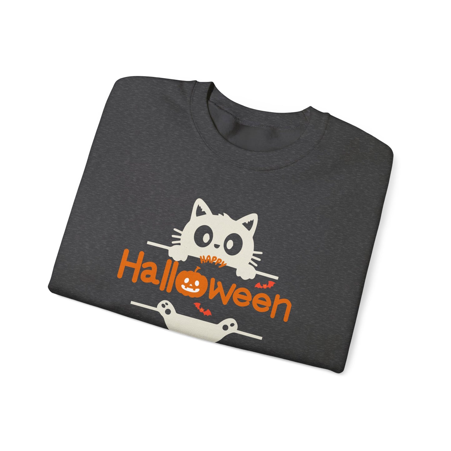 A dark charcoal gray folded t-shirt featuring a cute Halloween graphic with a white cat peeking over orange 'Halloween' text and small ghost details, displayed on a clean white background.