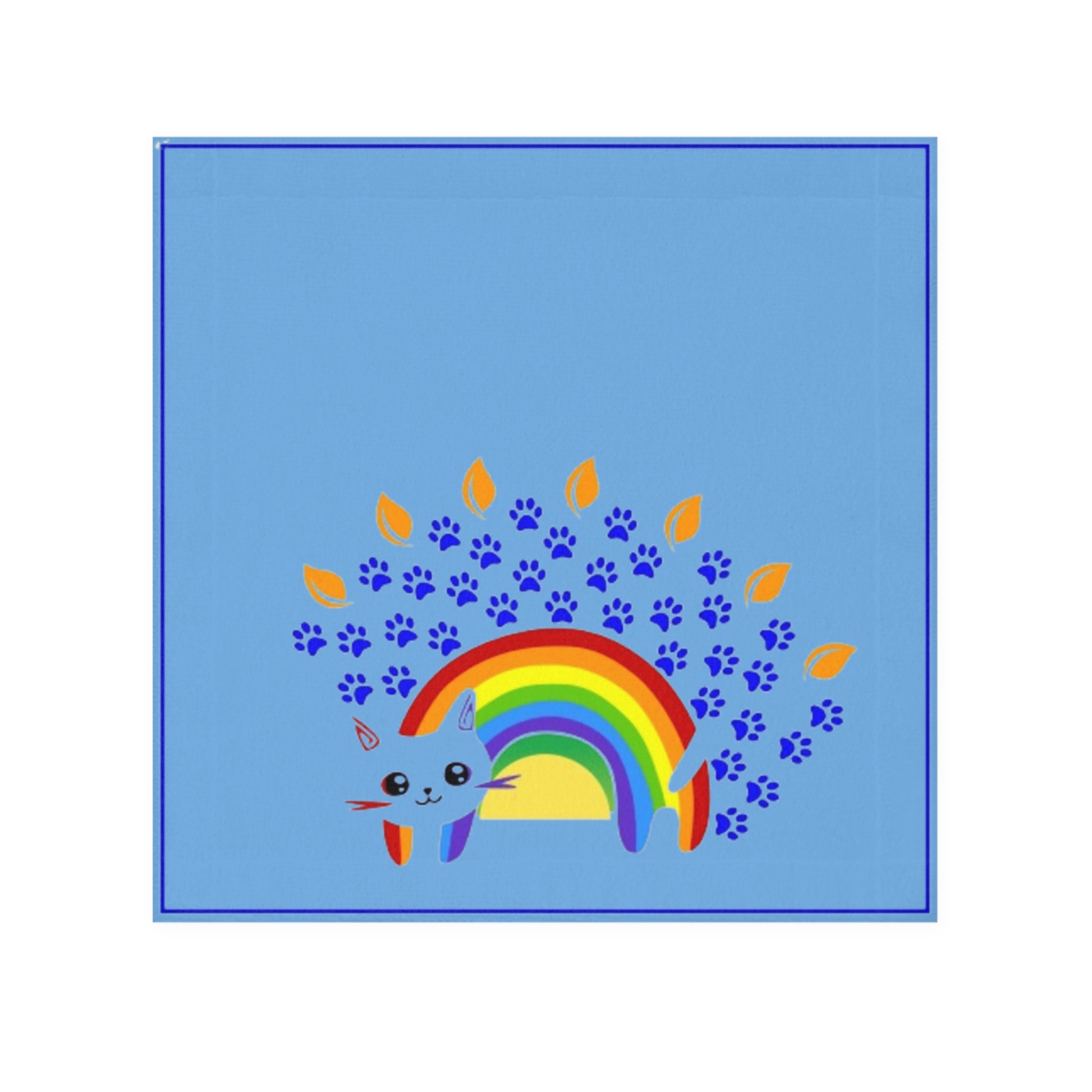 A blue face towel with a colorful character and paw print design in the center.