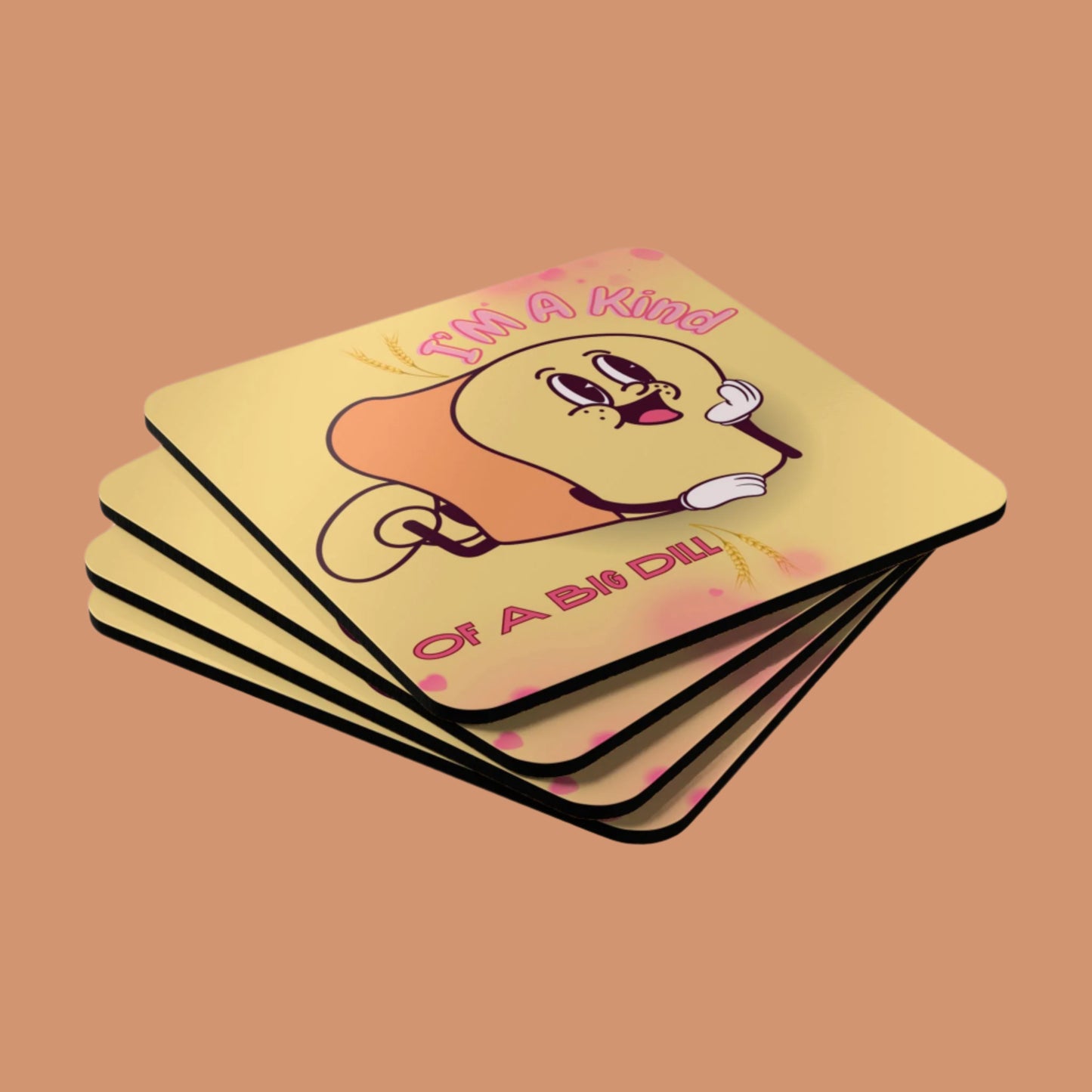 Set of four cartoon coasters with a character and text on a white background