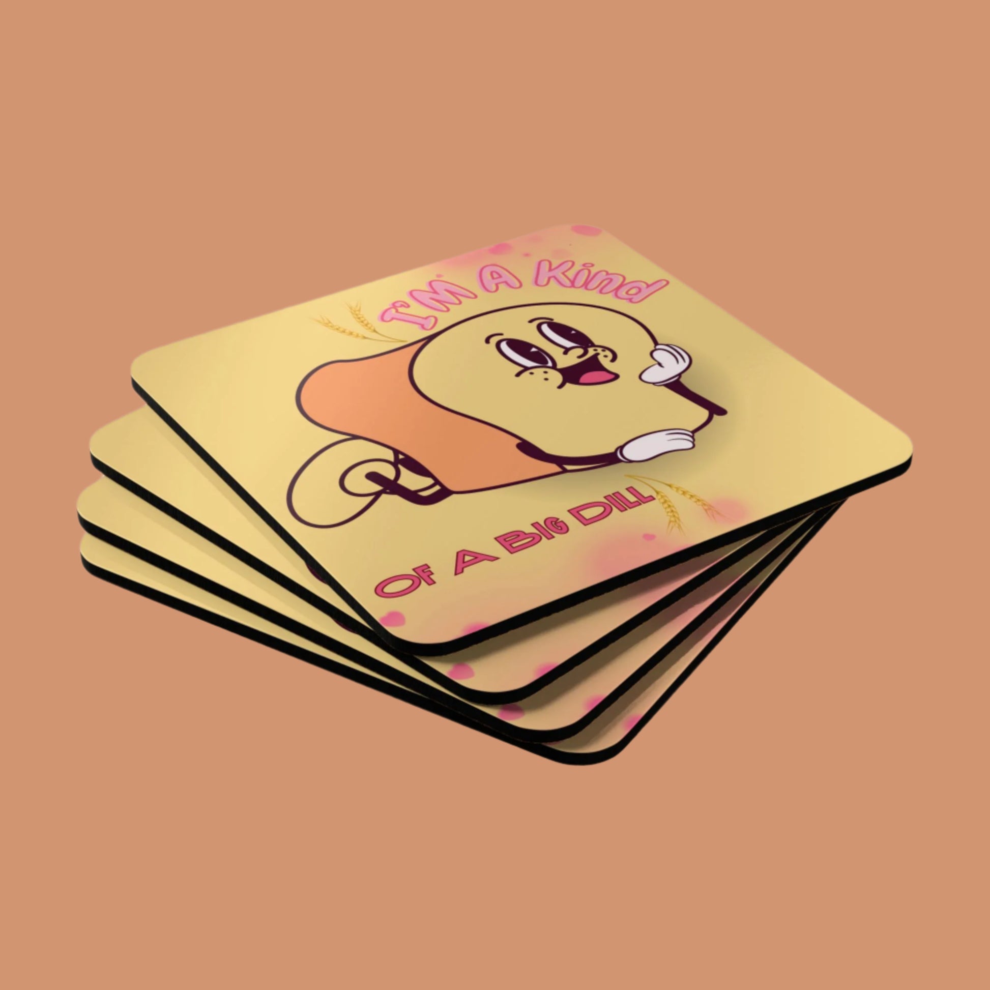 Set of four cartoon coasters with a character and text on a white background