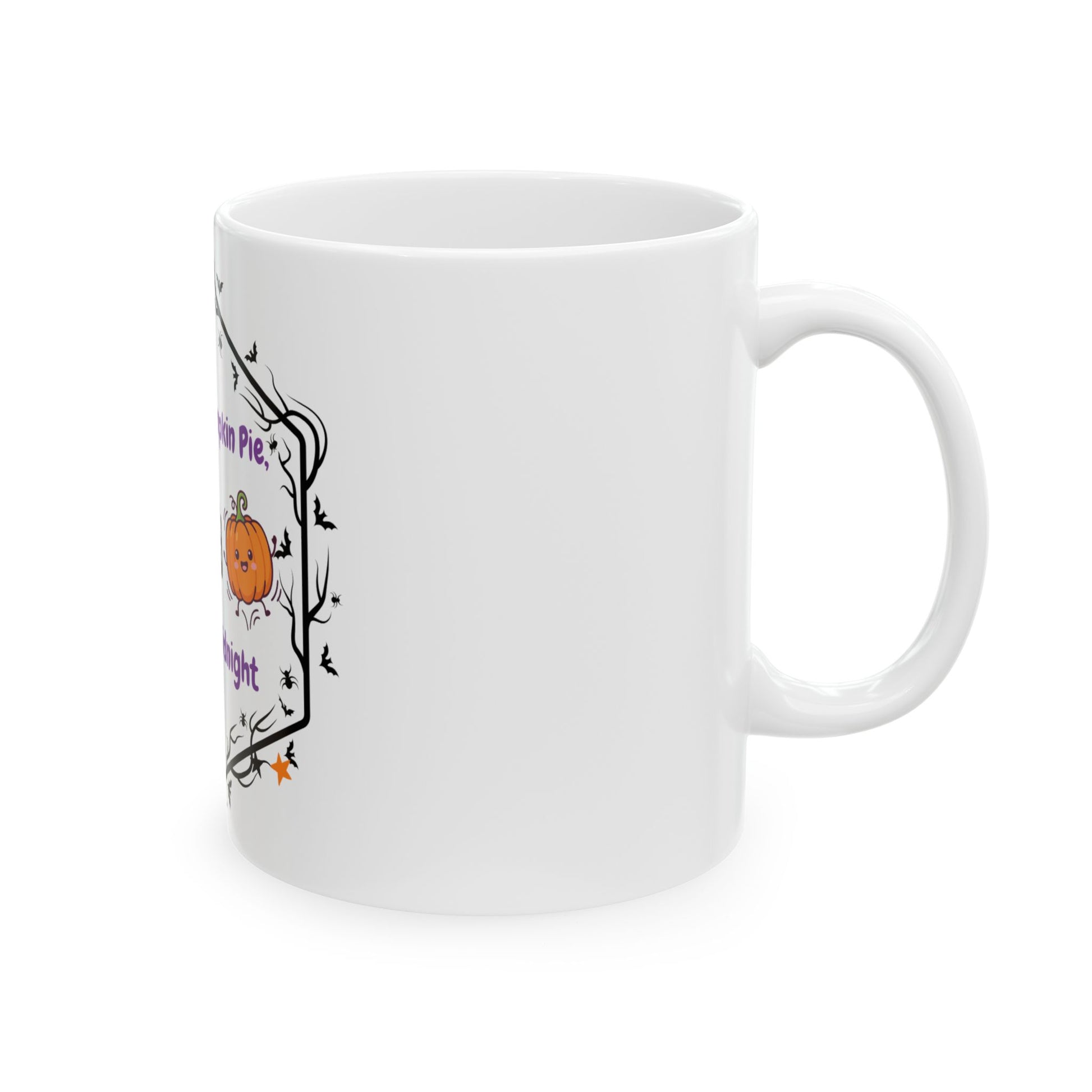 A white ceramic mug with a Halloween-themed graphic on the side, featuring a small orange pumpkin, bats, and purple text, shown against a plain white background.