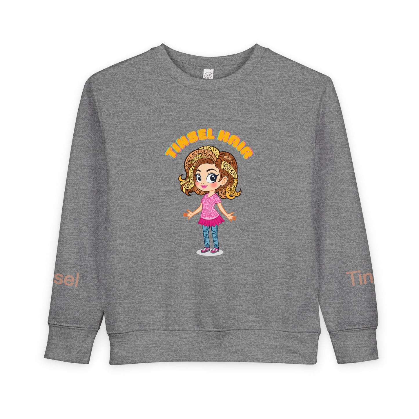 Gray sweatshirt with cartoon character and 'Tumble Hair' text on a white background