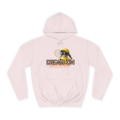A baby pink unisex hoodie with a graphic print of a bee and the text 'DREAM ON' on the front.