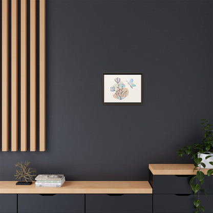 Framed artwork of a dachshund on a dark wall with wooden furniture and decor.