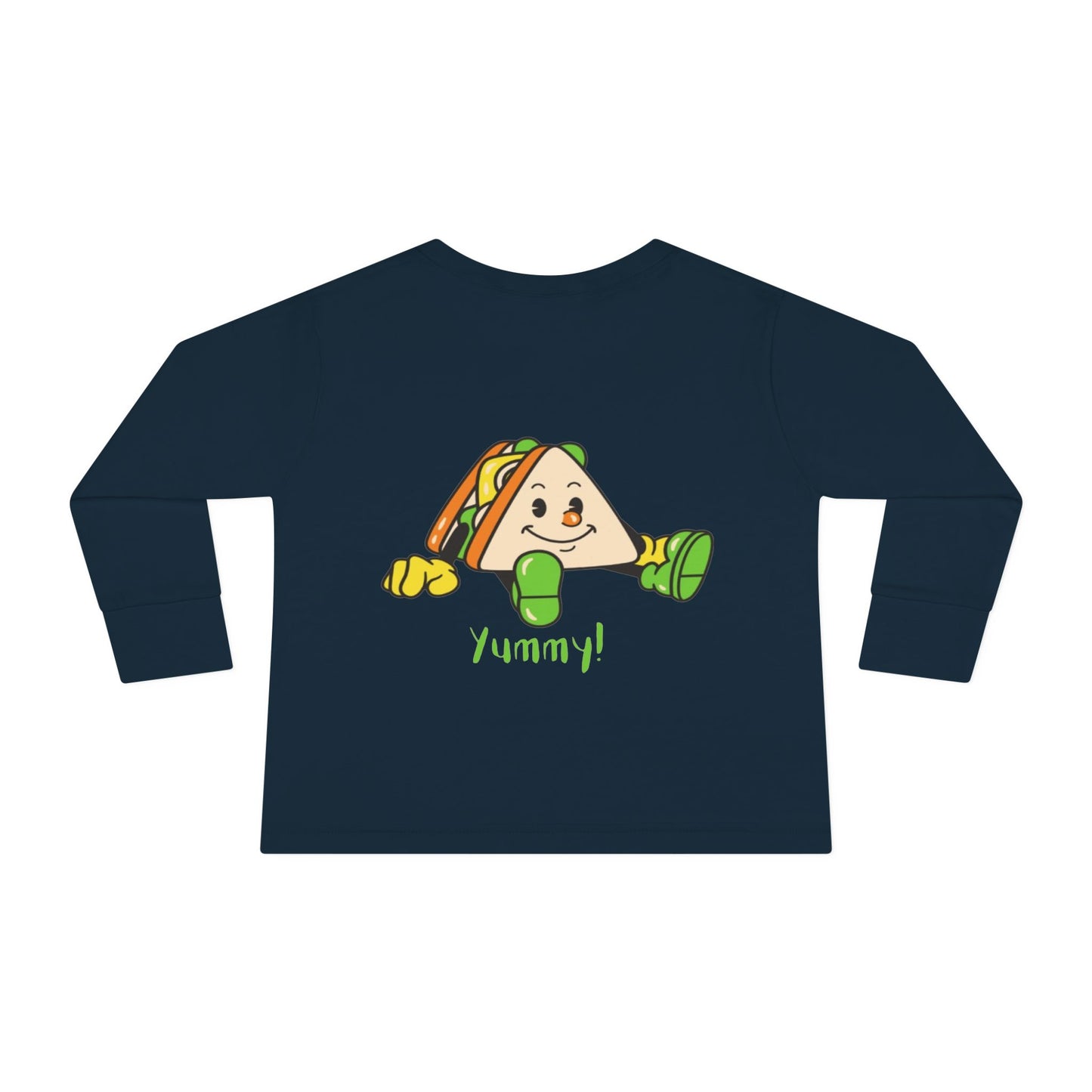 Navy blue long-sleeve shirt with a cartoon taco and 'Yummy!' text on a white background