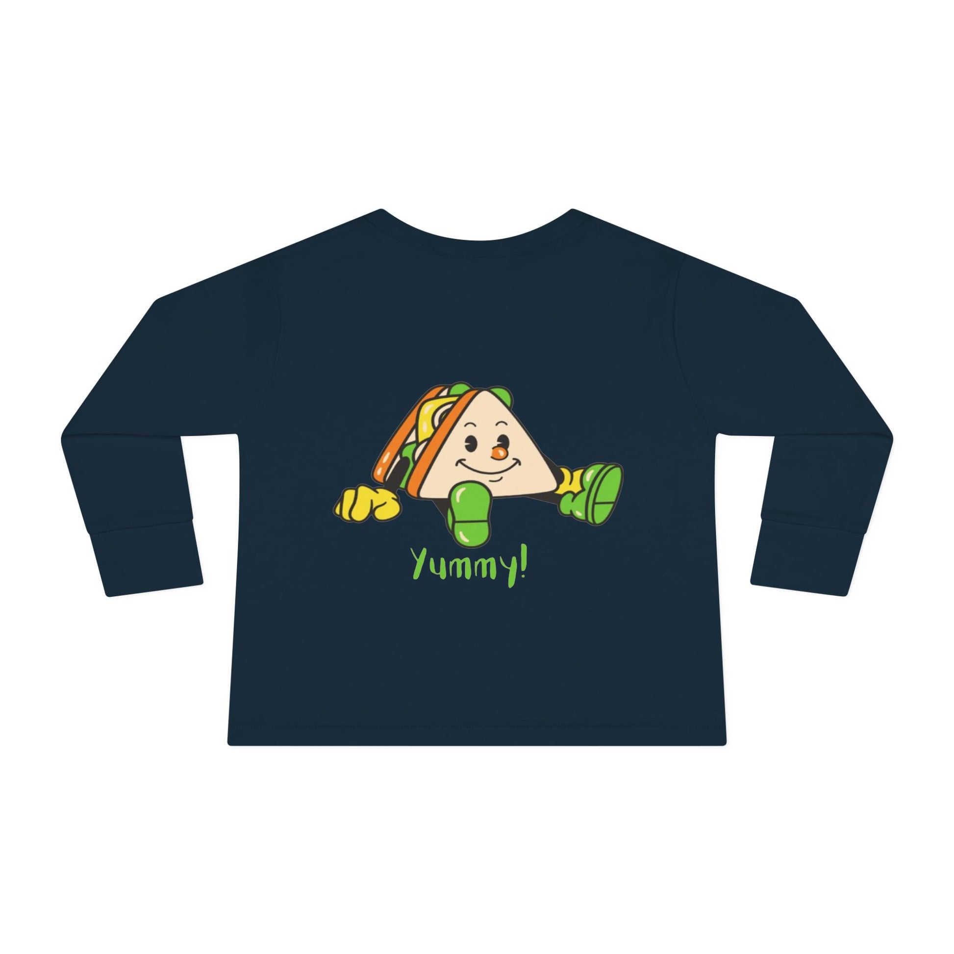 Navy blue long-sleeve shirt with a cartoon taco and 'Yummy!' text on a white background