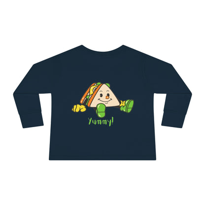 Navy blue long-sleeve shirt with a cartoon taco and 'Yummy!' text on a white background