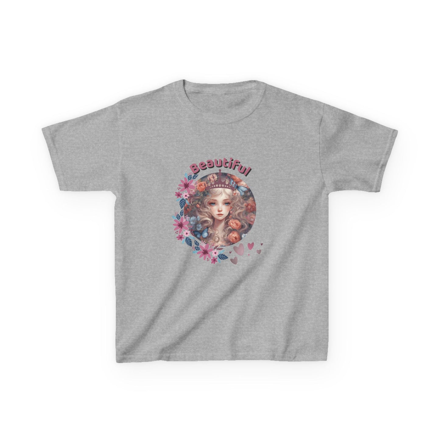Gray t-shirt with a graphic design of a woman's face surrounded by flowers and the word 'Beautiful' on a white background.