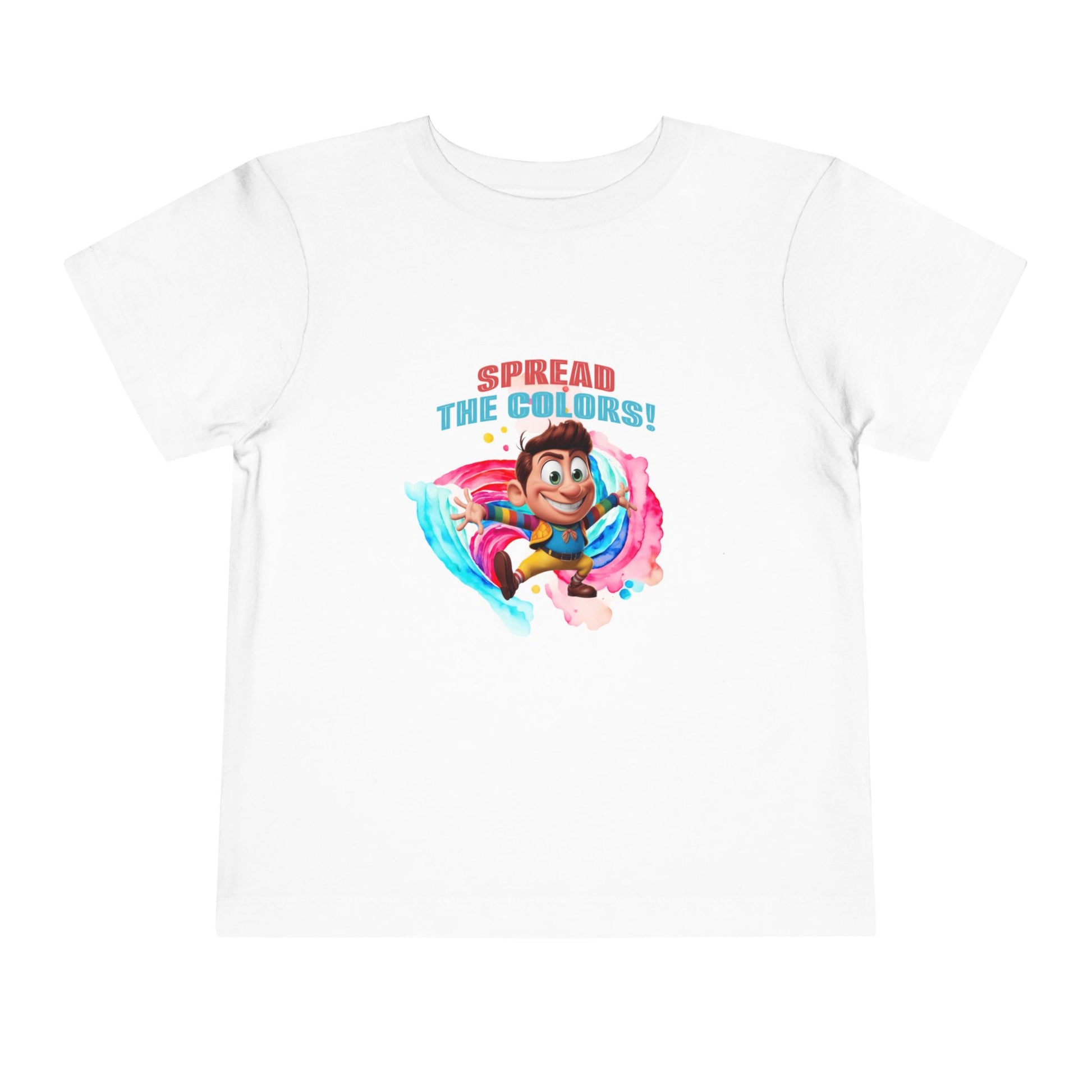 White t-shirt with colorful graphic and text 'Spread The Colors!' on a white background