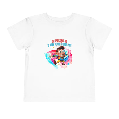 White t-shirt with colorful graphic and text 'Spread The Colors!' on a white background